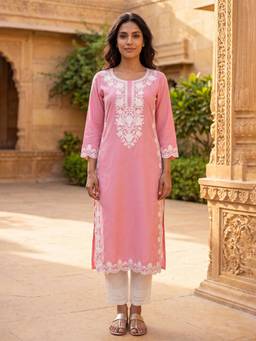 Vaamsi - Pink Viscose Rayon Floral Embroidered Regular Kurta