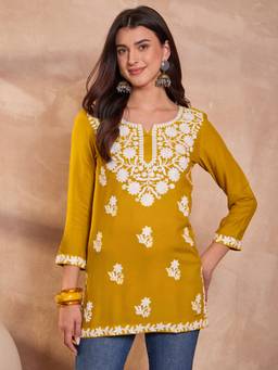 Vaamsi - Ahika Womens Yellow Viscose Rayon Solid Embroidered Kurti