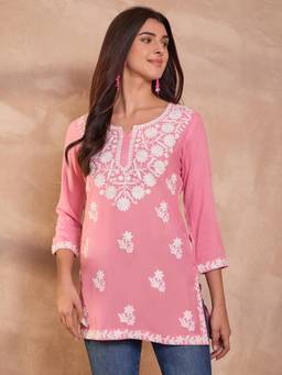 Vaamsi - Ahika Womens Pink Viscose Rayon Solid Embroidered Kurti