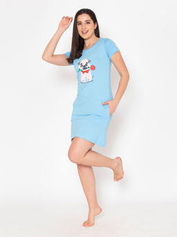 Clovia - Pug Print Short Night Dress in Powder Blue - 100percent Cotton
