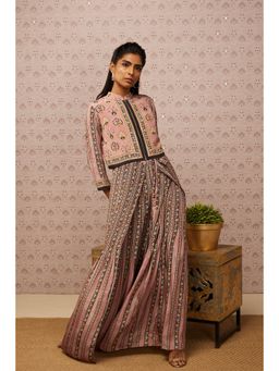 Soup by Sougat Paul - Pink & Multi Sarouk Floral Jumpsuit with Jacket (Set of 2)