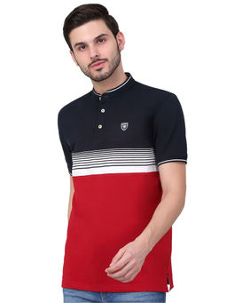 Cantabil - Men Red Striped Mandarin Collar T-Shirt
