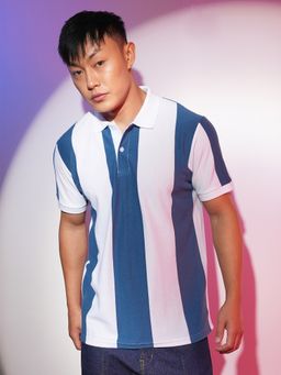 Campus Sutra - Men'S Aegean Blue and Chalk White Striped Polo Neck