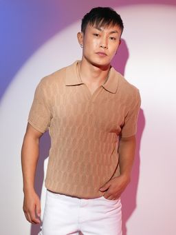 Campus Sutra - Men'S Tan Brown Honeycomb-Textured Polo T-Shirt