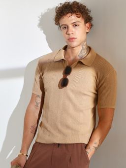Campus Sutra - Men'S Camel Beige Stripe-Knit Polo T-Shirt
