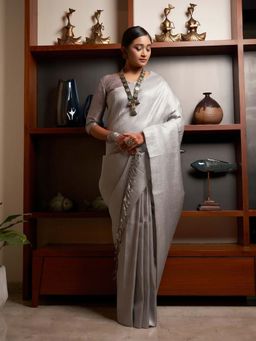Odette - Grey Colour Kanjivaram Silk Saree with Unstitched Blouse