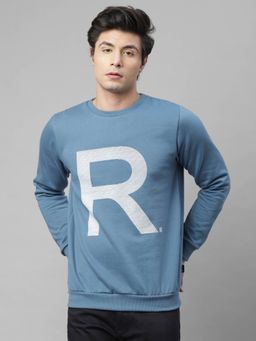 RIGO - Men Blue Printed Round Neck Full Sleeve Fleece Sweatshirt