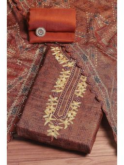 Biba - Womens Brown Pashmina Machine Embroidery Unstitched Suit (Set of 3)
