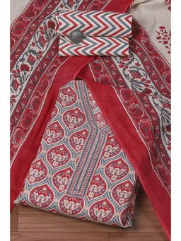 Biba - Womens Red Cotton Printed Unstitched Suit (Set of 3)