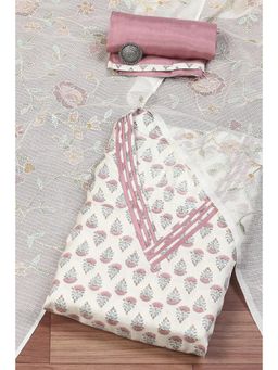 Biba - Womens Off White Muslin Hand Block Print Unstitched Suit (Set of 3)