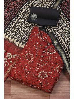 Biba - Womens Red Muslin Hand Block Print Unstitched Suit (Set of 3)