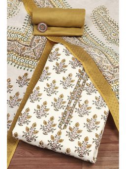 Biba - Womens Yellow White Cotton Hand Block Print Unstitched Suit (Set of 3)