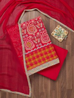 Koskii - Red Threadwork Georgette Unstitched Salwar Suit (Set of 3)