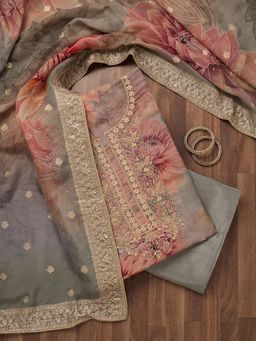 Koskii - Grey Zari Work Tissue Unstitched Salwar Suit (Set of 3)