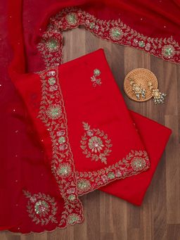 Koskii - Red Stonework Tissue Unstitched Salwar Suit (Set of 3)