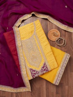 Koskii - Mustard Semi Crepe Unstitched Salwar Suit (Set of 3)