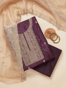 Koskii - Wine Semi Crepe Unstitched Salwar Suit (Set of 3)