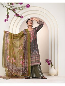 THE COTTON LAWN SHOP - Women Grey Floral Unstitched Dress Material (Set of 3)