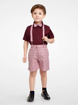 Jeetethnics - Boys Peach Checked Suspender Shorts With Shirt (Set of 4)