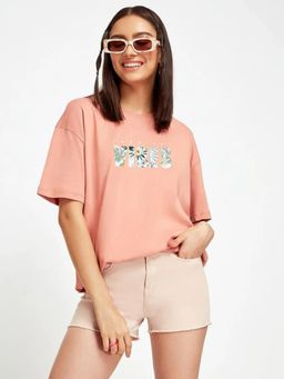 Bewakoof - Women's Pink Tropical Vibes Typography Oversized T-shirt