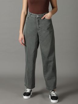 SHOWOFFFF - Women's Non Stretchable Clean Look Olive Mom Fit Jeans