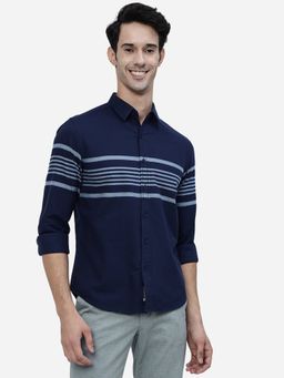 Greenfibre - Men Navy Blue Cotton Slim Fit Striped Semi Casual Shirt