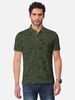 BULLMER - Olive Trendy Printed Half Sleeve Polo T-Shirt For Mens