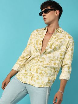Campus Sutra - Mens Artistic Foliage Print Button Up Shirt