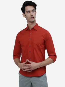 Greenfibre - Men Red Cotton Slim Fit Solid Semi Casual Shirt