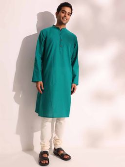 Fabindia - Teal Cotton Solid Long Kurta