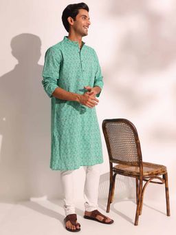 Fabindia - Teal Cotton Hand Block Printed Long Kurta