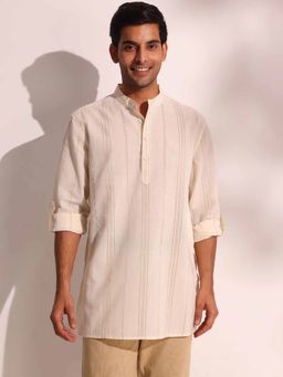 Fabindia - Off White Cotton Blend Striped Short Kurta