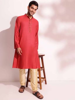 Fabindia - Red Viscose Silk Woven Long Kurta