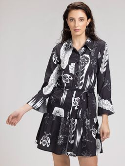 SHAYE - Shirt Collar Black Printed Long Sleeves Casual Mini Dress For Women (Set of 2)