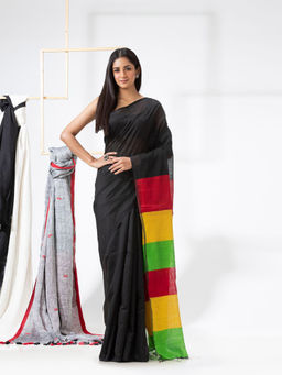 Angoshobha - Black Cotton Blended Handloom Saree with Unstitched Blouse