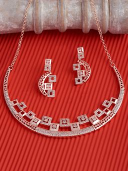 Zaveri Pearls - Rose Gold Cubic Zirconia Bling Necklace & Earring Set-ZPFK15260