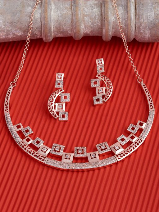 Zaveri Pearls Rose Gold Cubic Zirconia Bling Necklace & Earring Set-ZPFK15260