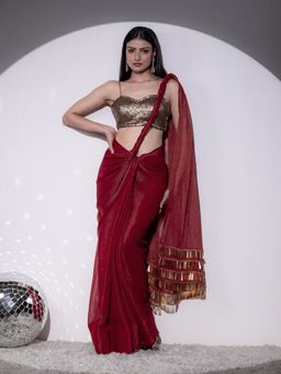 Swtantra - Red Shimmer & Shine Chiffon Saree with Unstitched Blouse Fabric
