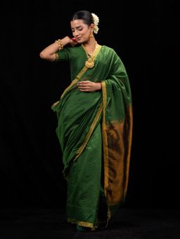 Triyah - Green & Bronze Cotton Silk Saree With Unstitched Blouse Fabric
