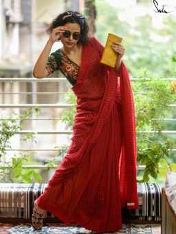 Suta - Red With Black Lines Handloom Cotton Saree and Without Blouse