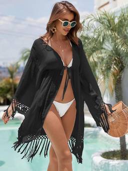 Oh Rare - Women Black Bikini Tassel Outerwear Cover-Up