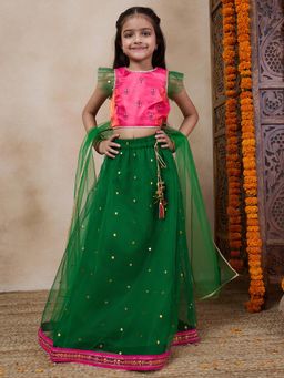 PSPeaches - Green Printed Ready To Wear Lehenga and Blouse with Dupatta (Set of 3)