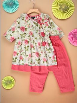 Bella Moda - Pink Printed Cotton Kurta and Pant for Girls (Set of 2)