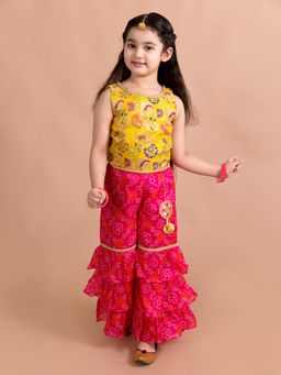 PSPeaches - Girls Magenta Floral Embroidered Top with Sharara (Set of 2)