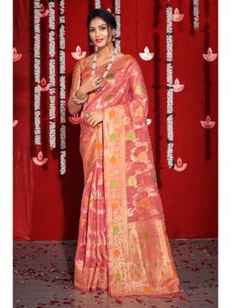 EXCLUSIVA - Pink Organza Saree with Unstitched Blouse