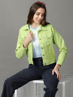 SHOWOFFFF - Women's Spread Collar Solid Green Open Front Jacket