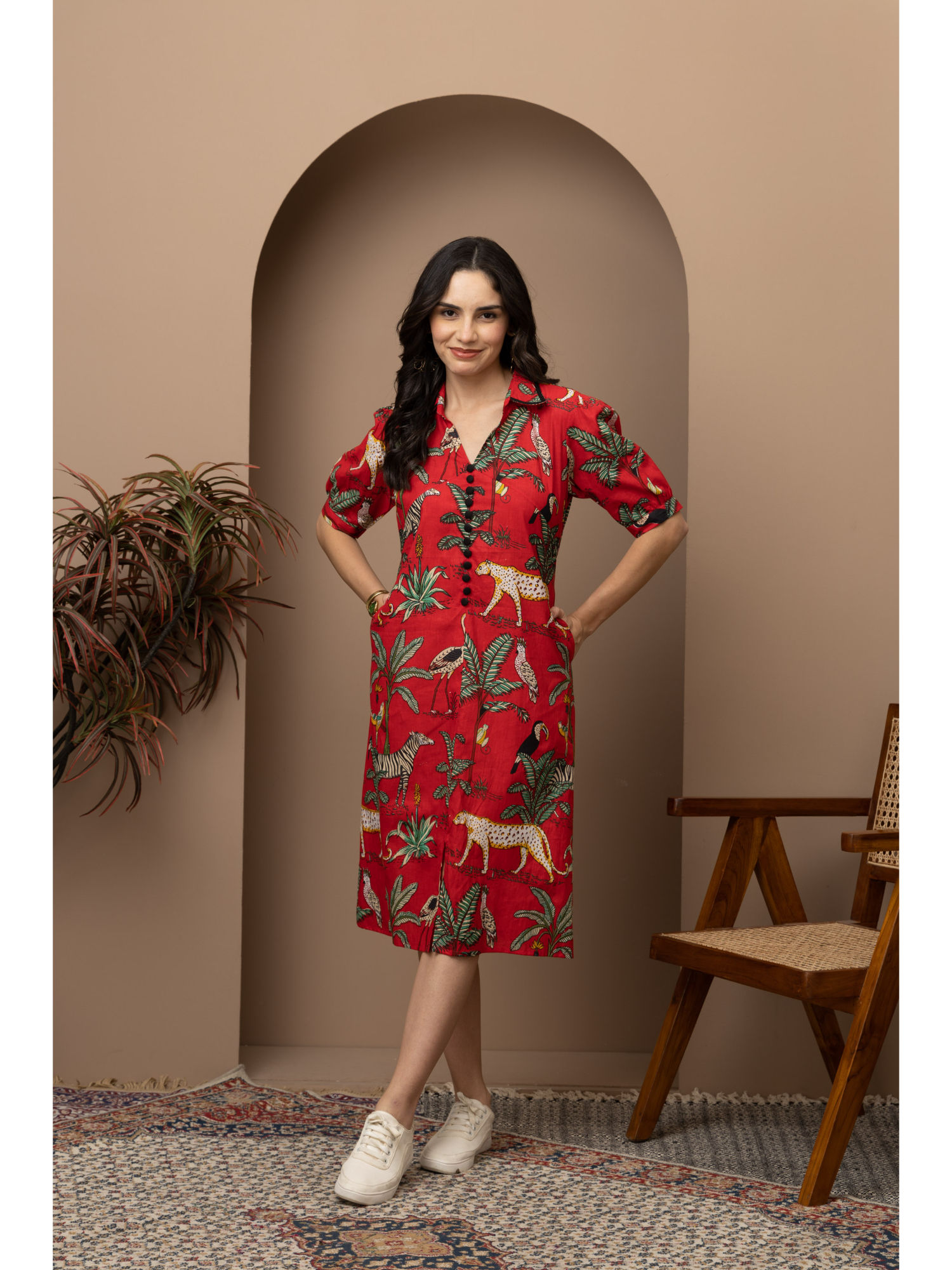 empress pitara Jungle Red Printed Cotton Midi Dress-picture-22