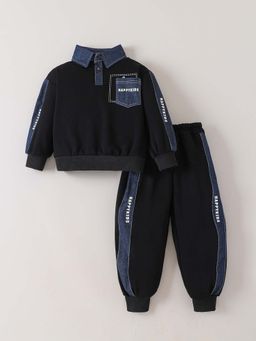 Hopscotch - Boys Black Cotton Blend Typography Sweatshirt with Joggers