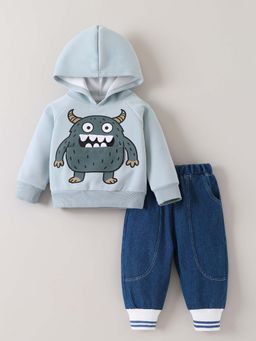 Hopscotch - Boys Blue Polyester Blend Printed Hoodie with Joggers