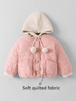 Hopscotch - Girls Pink Polyester Printed Jacket with Dechable Hood (12-18 Months)